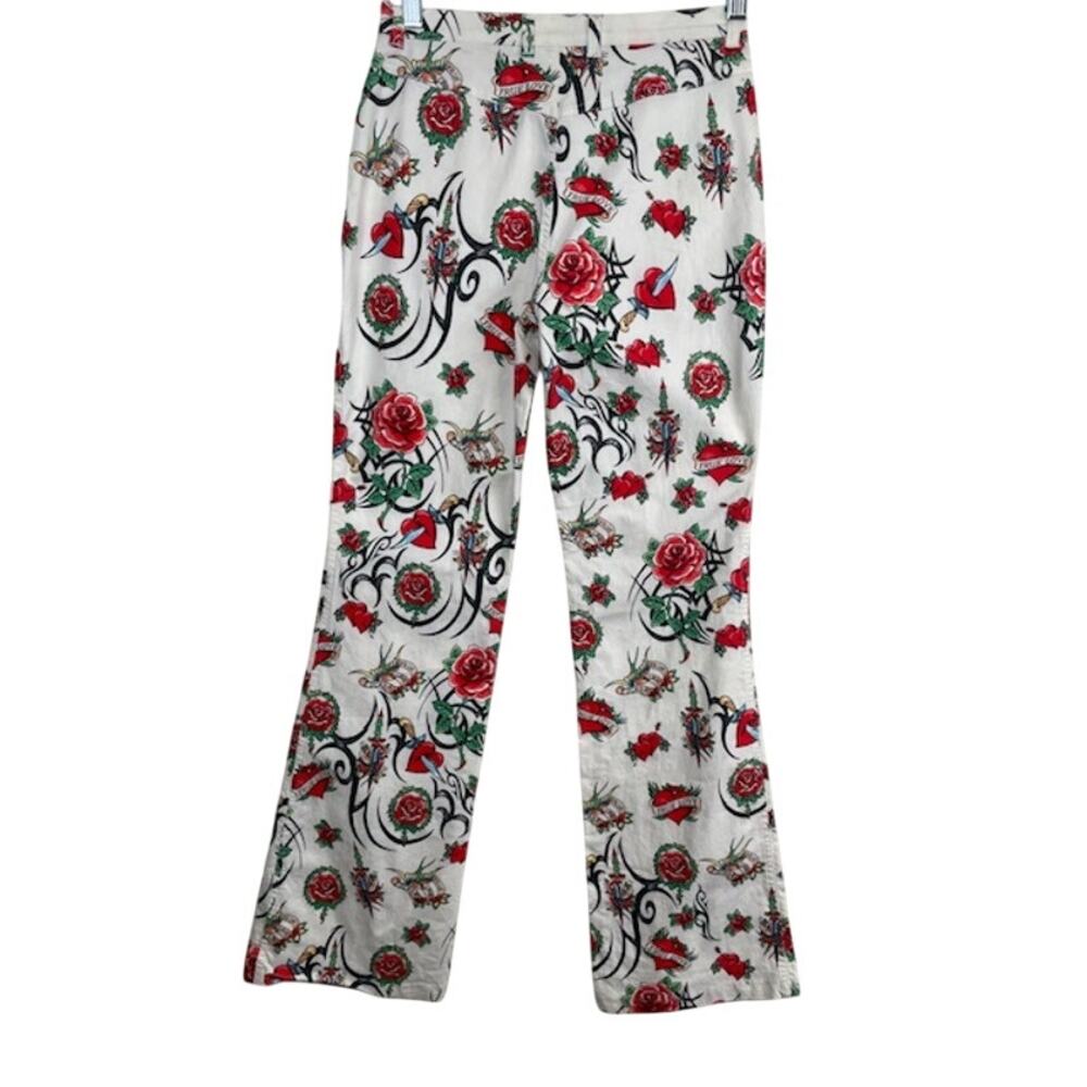 ESCADA vintage tatoo print pants with roses and hearts. - Picture 3 of 10